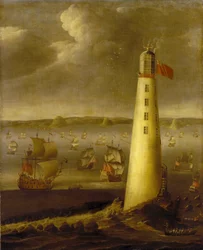 Farol de Eddystone, ao largo da costa de Devon (Inglaterra). Óleo sobre tela, cerca de 1708, de Isaac Sailmaker (1633-1721).
