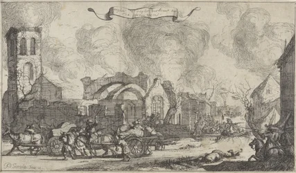 Tropas francesas marcham saqueando e atirando pelas ruínas da vila de Nigtevecht, 1672 Série de treze imagens das aldeias e castelos da província de Utrecht destruídas pelos franceses em 1672 (título da série)