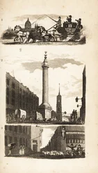 Os camponeses em um coche de palco, o Monumento e o Canto da Torta