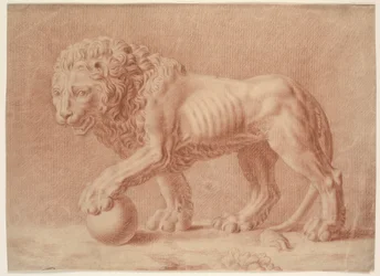 Leão virou para a esquerda com a pata esquerda em um globo