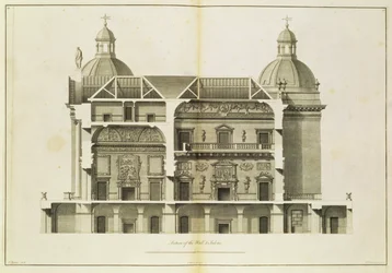 Houghton Hall: corte transversal do Salão e Salão, gravado por Pierre Fourdrinier, 1735 (ver também 64903 e 64904)