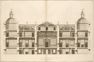 Houghton Hall: seção da frente oeste, gravada por Pierre Fourdrinier, 1735 (ver também 64902 e 64903)