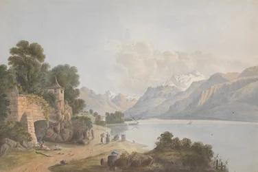 Paisagem montanhosa com lago, portão e figuras