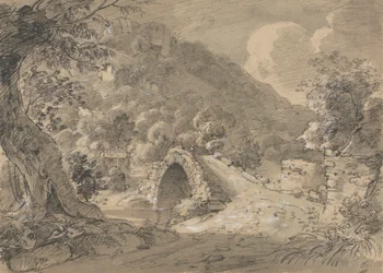 Paisagem montanhosa com ponte e casa