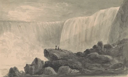 Vista das Cataratas do Niágara com Duas Figuras Sentadas em Primeiro Plano do Centro da Rocha