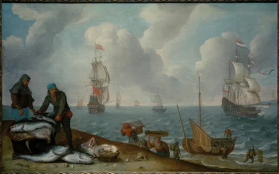 Pescadores com captura na praia, navios de guerra em uma baía