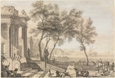 Cena fantástica do porto com arquitetura e figuras, 1713.