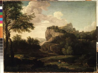 Pintura "Paisagem" de Isaac de Moucheron (1667-1744) Museu de Belas Artes Mikalojus Konstantinas Ciurlionis do século XVIII, Kaunas, Lituânia