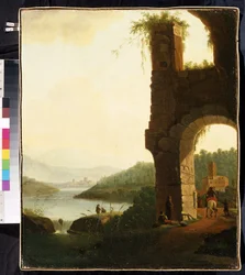 Paisagem romântica (Uma paisagem romântica). Pintura de Isaac de Moucheron (1667-1744). Arte holandesa, estilo barroco. Óleo sobre tela. Museu de Arte Mikhail Kroshitsky, Sevastopol (Sevastopol) Ucrânia