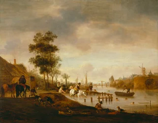 Paisagem fluvial com nadadores