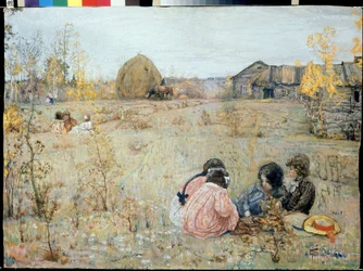 Atrasados ​​Dashniks (Atrasados ​​Dashniks). (O dashnik é um jardineiro russo a quem o governo atribuiu uma dacha e alguns hectares para cultivar para produção pessoal). Pintura de Izaak Izrailevich (1884-1939). Óleo sobre tela