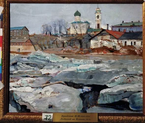 La glace a la derive um Pskov (Gelo à deriva em Pskov). Peinture de Isaak Izrailevich Brodsky (Brodski) (1884-1939). Huile sur carton
