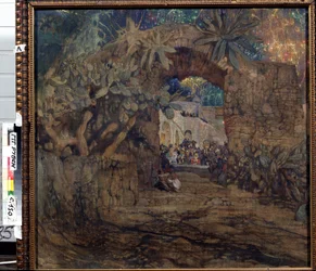 Taberna em uma caverna (Tavern em uma gruta). Pintura de Isaak Izrailevich Brodsky (Brodsky) (1884-1939). Óleo sobre tela