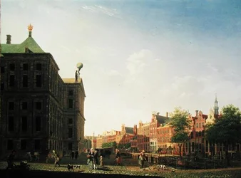 Uma vista ao longo do Nieuwezijds Voorburgwal em Amsterdã mostrando a parte de trás do Palácio Real, 1782