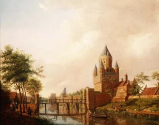 Uma vista do Kleine Houtpoort (Pequeno Portal) em Haarlem com o Grote Houtpoort (Grande Portal) ao fundo