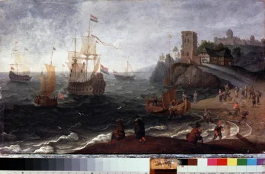 Mercado de peixe à beira-mar. Pintura de Isaak Willaerts (1620-1693). Óleo sobre madeira, 35,5 x 67 cm, ca. 1640. Arte holandesa do século XVII. Museu Estatal de História e Arte, Serpukhov (Rússia).