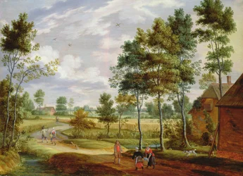 Figuras fora de uma casa de campo em uma paisagem do país