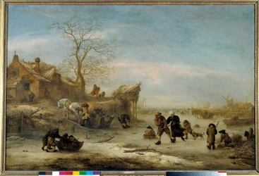 Canal gele com patinação a pares Pintura por Isaak Van Ostade (1621-1649). Sol do século XVII. 1x1,49 m