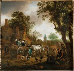 Carruagem em frente a uma estalagem (pintura sobre madeira de carvalho)