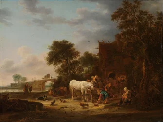 Pousada de campo com um cavalo no bebedouro