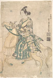O actor Sanokawa Ichimatsu como jovem samurai a cavalo