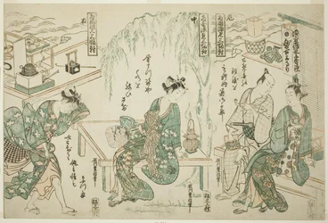 Desfrutando da noite fresca no Ryogoku - Um conjunto de três (Ryogoku suzumi sanpukutsui)