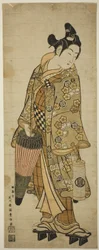 O ator Sanogawa Ichimatsu I quando jovem segurando um guarda-chuva e uma lanterna
