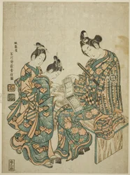 O ator Sanogawa Ichimatsu I a consultar um guia dos bairros de prazer