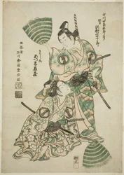 O ator Sawamura Sojuro II (anteriormente Utagawa Shirogoro) como Matsuomaru e Azumo Tozo I como Sakuramaru na peça "Sugawara Denju Tenarai Kagami", apresentada no Teatro Morita, 1750