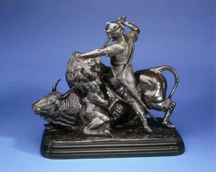 Um rei matando um leão atacando um touro, c.1874 (bronze patina preto)