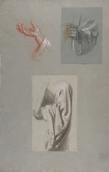 uma. Mão de São Remi, b. Mão de São Remi, c. Estudo de cortinas para acólito Holding Book..., séc.