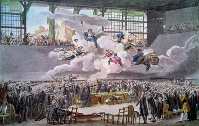 Revolução Francesa: «O Juramento do Jogo da Péla de 20 de junho de 1789». Os deputados juram não se separar até que seja redigida uma Constituição. Gravura de Isidore Helman (1743-1809), 1789, Paris, B.N.
