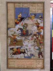 Arte islâmica: batalha opondo os exércitos de Kai Khosrow (Khosro) xá do Irã ao do Touran. (A Batalha entre iranianos e turanianos na época de Kai Khosrow) Tiree persa em miniatura de um manuscrito do poema épico ""Shahnameh"" (Shah Nama, Shah