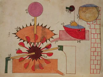 Diagrama de um sistema de bombeamento de água para uma bacia, do livro de conhecimento de dispositivos mecânicos engenhosos de Al-Djazari, 1206