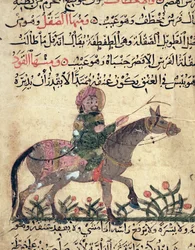 Cavalo e cavaleiro, ilustração do "Livro de Farriery", de Ahmed ibn al-Husain ibn al-Ahnaf, 1210