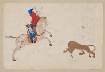 Cavaleiro a matar um leão, de Bukhara ou Tabriz, Uzbequistão (cor e ouro sobre papel)