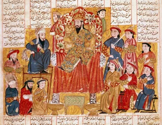 Arte islâmica: "Um Sultão e Sua Corte" miniatura persa de um manuscrito do poema épico "Shahnameh" (Shah Nama, Shahnama) (Livro dos Reis) de Ferdowsi (Firdawsi, ou Ferdawsi, ou Firdousi, ca. 940-around 1020) Por volta de 1330 Museu Topkapi, Istambul