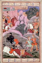 Arte islâmica: "Bijene and Roham go to attack Firoud" miniatura persa de um manuscrito do poema épico "Shahnameh" (Shah Nama, Shahnama) (Livro dos Reis) de Ferdowsi (Firdawsi, ou Ferdawsi, ou Firdousi, ca. 940-around 1020) (ms. 607) Chantilly, Muse