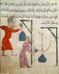 Arte islâmica: Desenho em pergaminho do período de Fatimid (séc. 10-11) - Pesagem de alimentos - Pintura em papiro - Cairo, Museu de Arte Islâmica