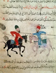 Arte islâmica: Desenho em pergaminho do período de Fatimid (séc. 10-11) - Cena de duelo entre dois cavaleiros - Pintura em papiro - Cairo, Museu de Arte Islâmica