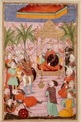 Arte islâmica: "Rei Keikaous ordena a captura de Roustam" miniatura persa de um manuscrito do poema épico "Shahnameh" (Shah Nama, Shahnama) (Livro dos Reis) de Ferdowsi (Firdawsi, ou Ferdawsi, ou Firdousi, ca. 940-around 1020) (ms. 607) Chantil