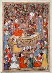 Arte islâmica: "Roustam pede a Kei Khosraou a graça de Gourguin" miniatura persa de um manuscrito do poema épico "Shahnameh" (Shah Nama, Shahnama) (Livro dos Reis) de Ferdowsi (Firdawsi, ou Ferdawsi, ou Firdousi, ca. 940-around 1020) (ms. 607)