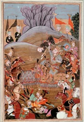 Arte islâmica: "A primeira luta de Rustam contra Afrasiab" miniatura persa de um manuscrito do poema épico "Shahnameh" (Shah Nama, Shahnama) (Livro dos Reis) de Ferdowsi (Firdawsi, ou Ferdawsi, ou Firdousi, ca. 940-around 1020) (ms. 607) Chantilly, Mu