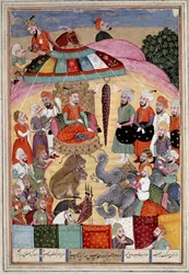 Arte islâmica: "Sohrab (Saharab) em frente à tenda do rei" miniatura persa de um manuscrito do poema épico "Shahnameh" (Shah Nama, Shahnama) (Livro dos Reis) de Ferdowsi (Firdawsi, ou Ferdawsi, ou Firdousi, ca. 940-around 1020) (ms. 607) Chantil