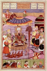 Arte islâmica: "Sohrab (Saharab) olha para a tenda de Rostame" miniatura persa de um manuscrito do poema épico "Shahnameh" (Shah Nama, Shahnama) (Livro dos Reis) de Ferdowsi (Firdawsi, ou Ferdawsi, ou Firdousi, ca. 940-around 1020) (ms. 607) Canto