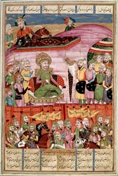 Arte islâmica: "Sohrab (Saharab) está na tenda de Roustam" miniatura persa de um manuscrito do poema épico "Shahnameh" (Shah Nama, Shahnama) (Livro dos Reis) de Ferdowsi (Firdawsi, ou Ferdawsi, ou Firdousi, ca. 940-around 1020) (ms. 607) Lly,