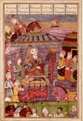 Arte islâmica: "Sohrab olha para a tenda vermelha de Rostame, seu pai" miniatura persa de um manuscrito do poema épico "Shahnameh" (Shah Nama, Shahnama) (Livro dos Reis) de Ferdowsi (Firdawsi, ou Ferdawsi, ou Firdousi, ca. 940-around 1020) (ms. 607)