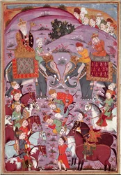 Arte islâmica: "O Primeiro Encontro de Roustam e Seu Aieul Sam" miniatura persa de um manuscrito do poema épico "Shahnameh" (Shah Nama, Shahnama) (Livro dos Reis) de Ferdowsi (Firdawsi, ou Ferdawsi, ou Firdousi, ca. 940-around 1020) (ms. 607) Canto