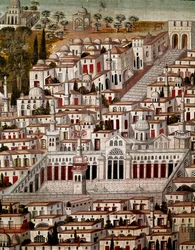 Arte islâmica: vista de Damasco com a Grande Mesquita dos Omíadas de Damasco (705-715). Pintura síria anónima do século XVII. Síria, Damasco, Palácio Azem ou Azm.