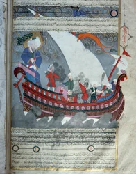 A arca de Noé navegando perto da Kaaba de Meca inundou Miniatura do manuscrito "Zubdat al Tawarikh" (Zubdat al Tawarikh) (Creme de Histórias) do historiador Seyyid Loqman Ashuri 1538. Museu de Arte Turco e Islâmico de Istambul